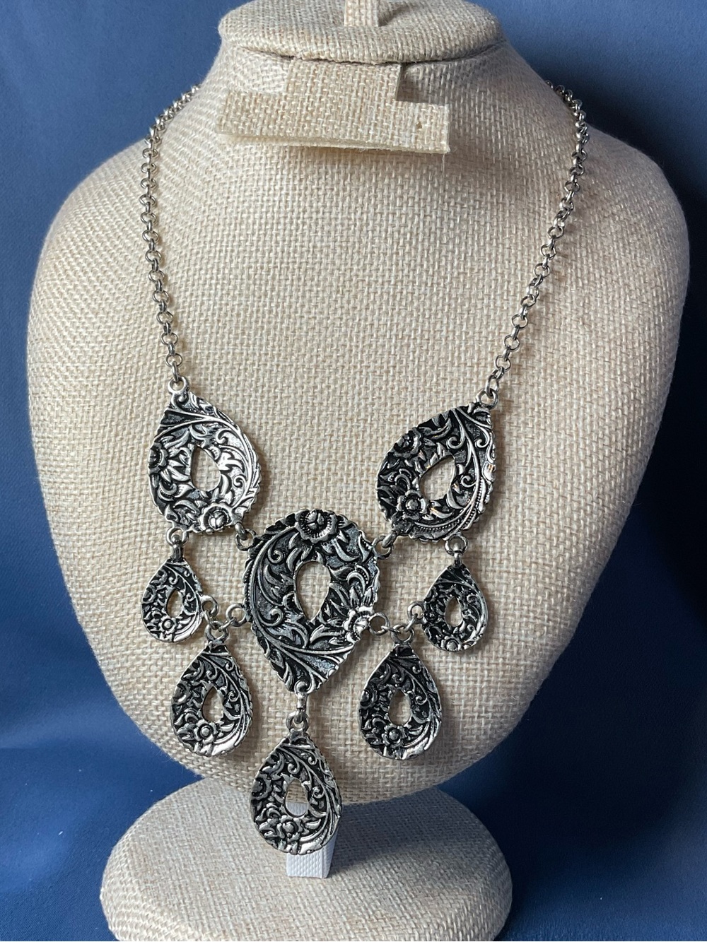Boho Silver Tone Filigree Statement Bib Necklace Ornate Teardrop reversible